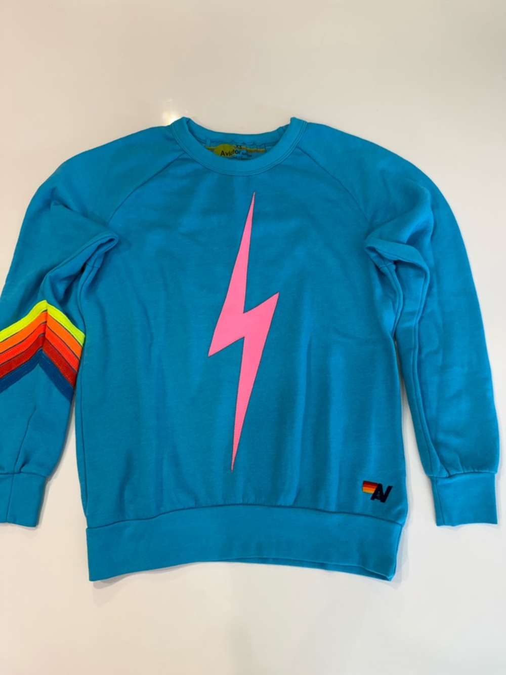 Aviator Nation Men’s Blue Lightning Bolt Sweatshirt with Rainbow Sleeve